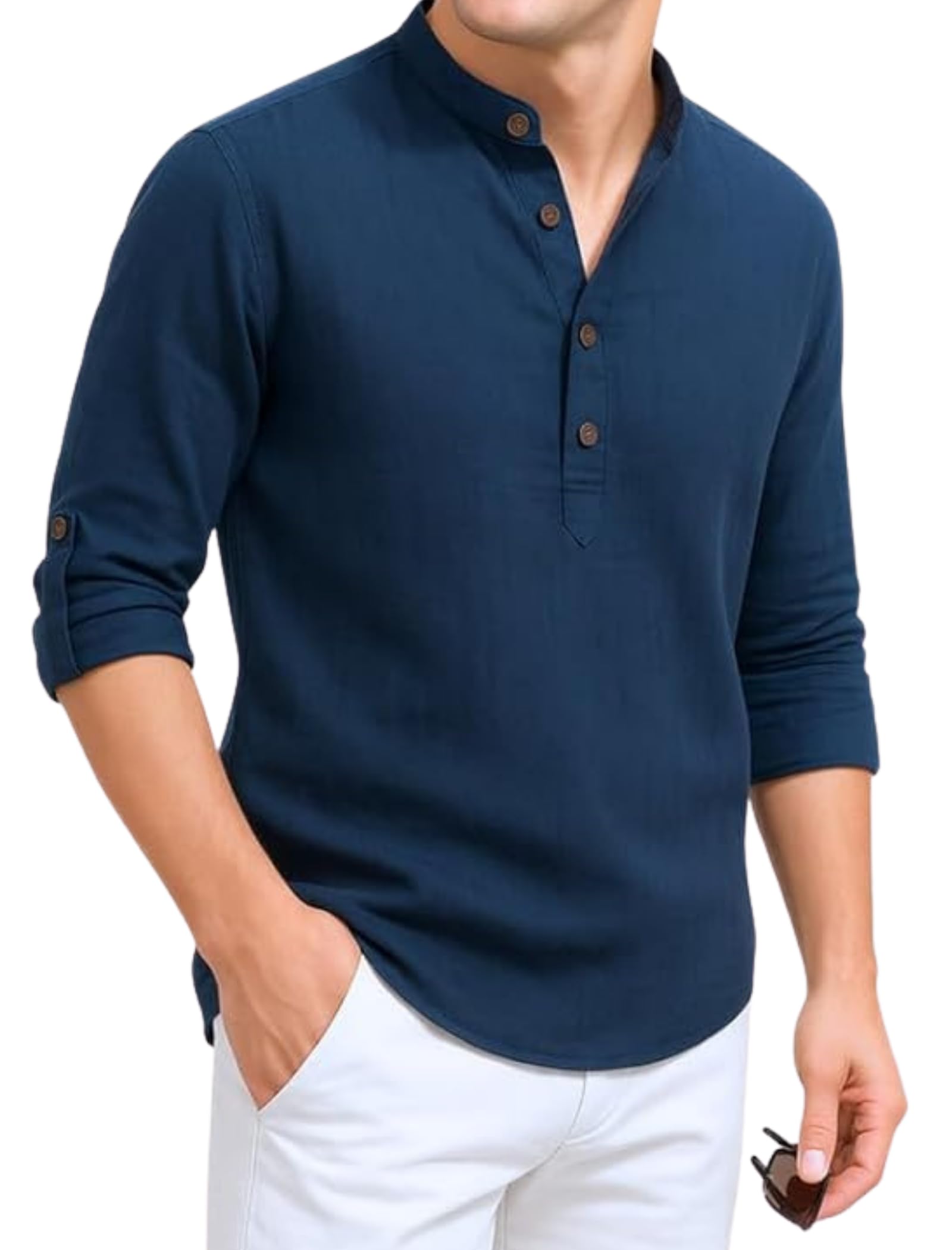 DEEMOON Men's Cotton Blend Solid Regular Fit Full Sleeve Short Kurta | Men's Trendy Short Kurta, NAVY BLUE, M