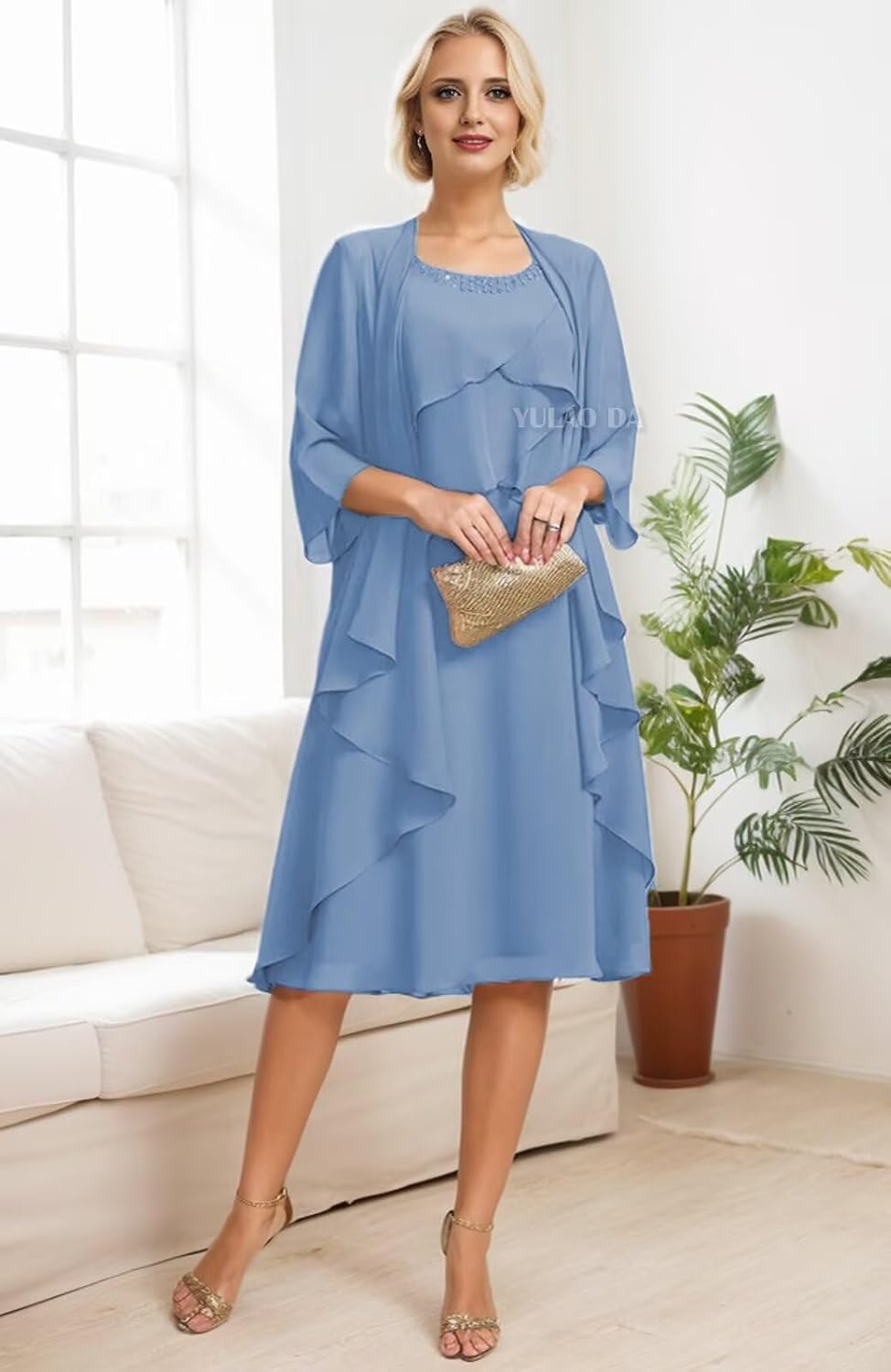 2 Pieces Mother of The Bride Dresses for Women with Sleeves Tiered Chiffon Knee Length Formal Evening Gowns with Jacket