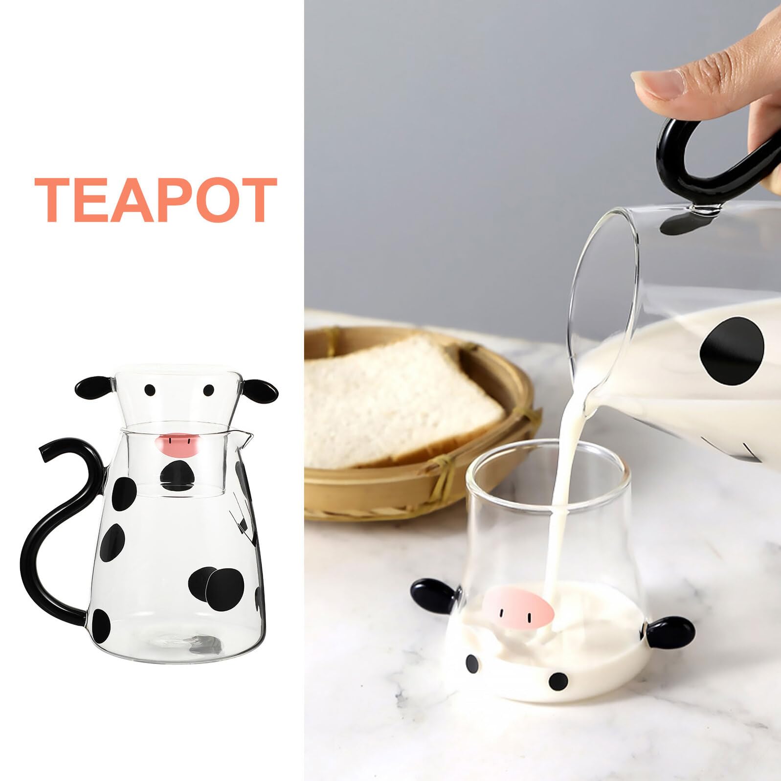 Ciieeo Caraffa per Acqua Fredda in Vetro Bottiglia per Acqua in Vetro Brocca per Succo Tazza Design Forma di Mucca Resistente al Calore per Uso Quotidiano