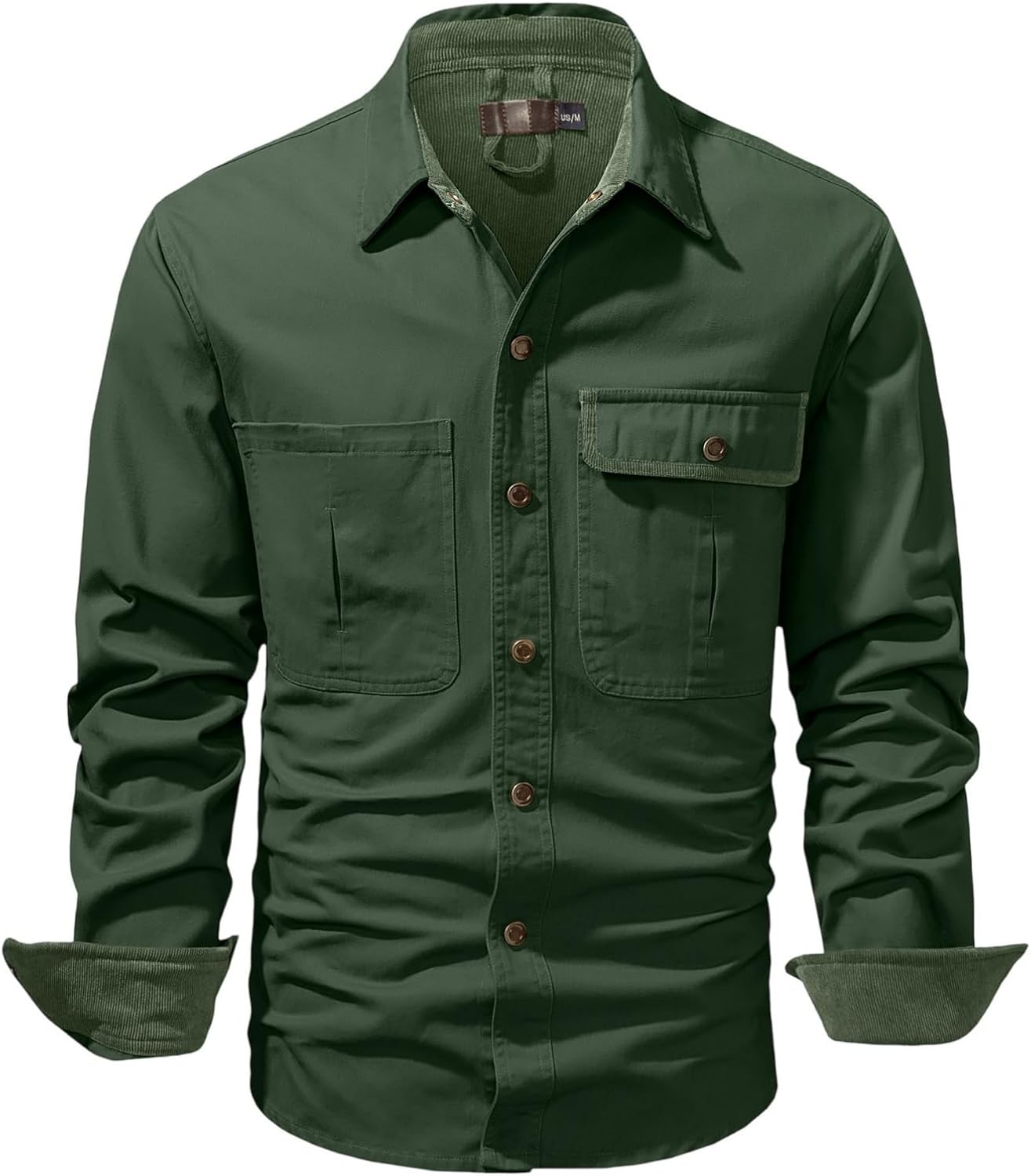 Men's Cotton Solid Long Sleeve Work Shirt Collared Relaxed Fit Washed