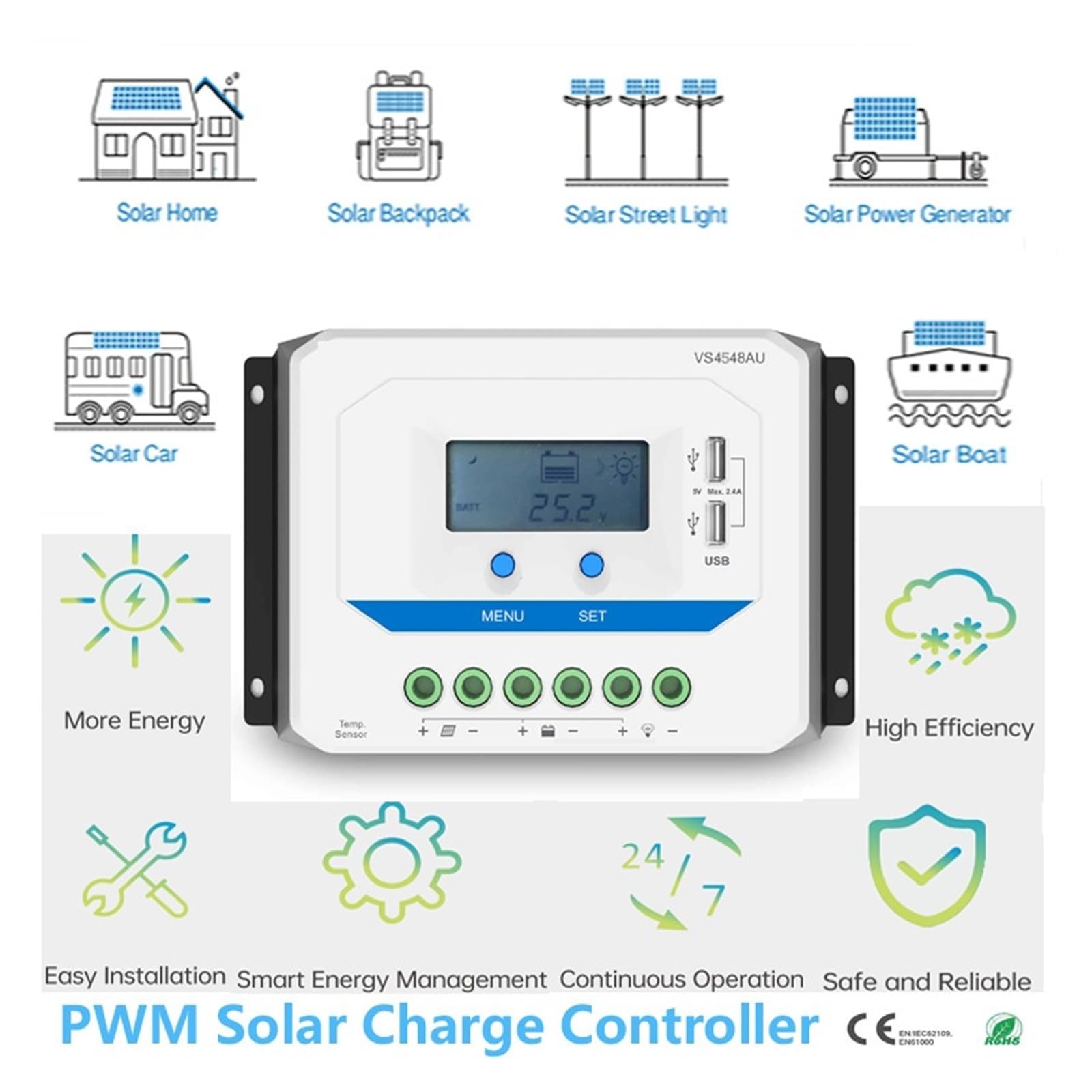 Kontroler ładowania słonecznego PWM 10A20A30A 12V24 V, automatyczny regulator 45A 60A VS-AU do układu słonecznego, wyświetlacz LCD, dwa porty USB (10A)