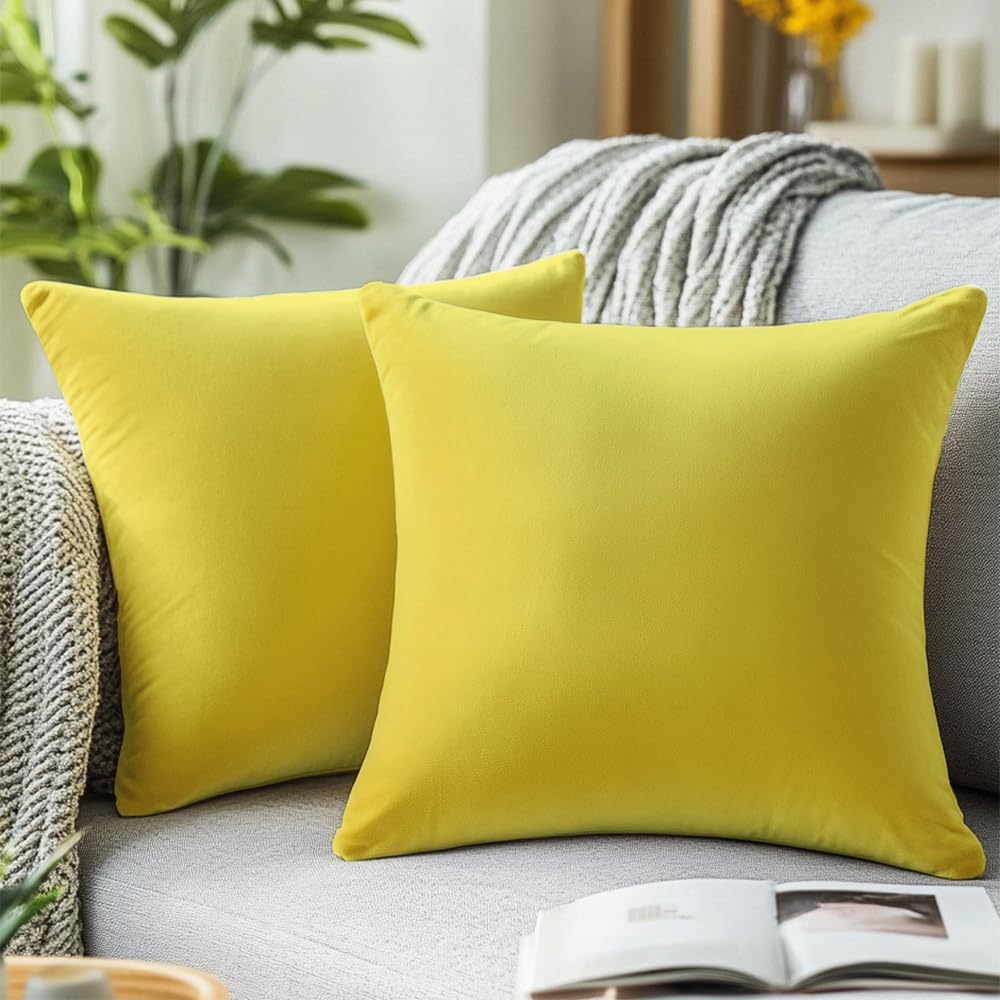 QUORGVES Lemon Yellow Velvet Pillow Covers 24x24 Inch Set of 2, Soft Solid Decorative Square Throw Pillow Covers, Decor Cushion Covers for Bed Sofa Couch Bedroom Living Room