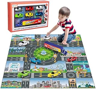 TEMI Diecast Racing Cars Toy Set with Activity Play Mat, Truck Carrier wiht 6 Sport Cars, Alloy Metal Race Model Car and Assorted Vehicle Play Set for Kids, Boys & Girls