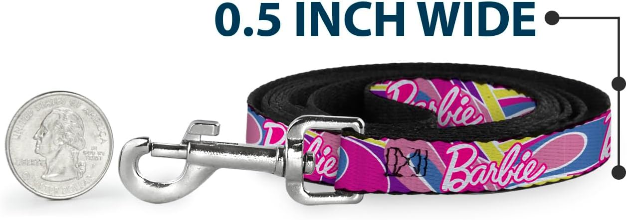 Mattel Pet Leash, Dog Leash, Barbie Script Signature Logo Abstract Multi Color White, 4 Feet Long 1.5 Inch Wide