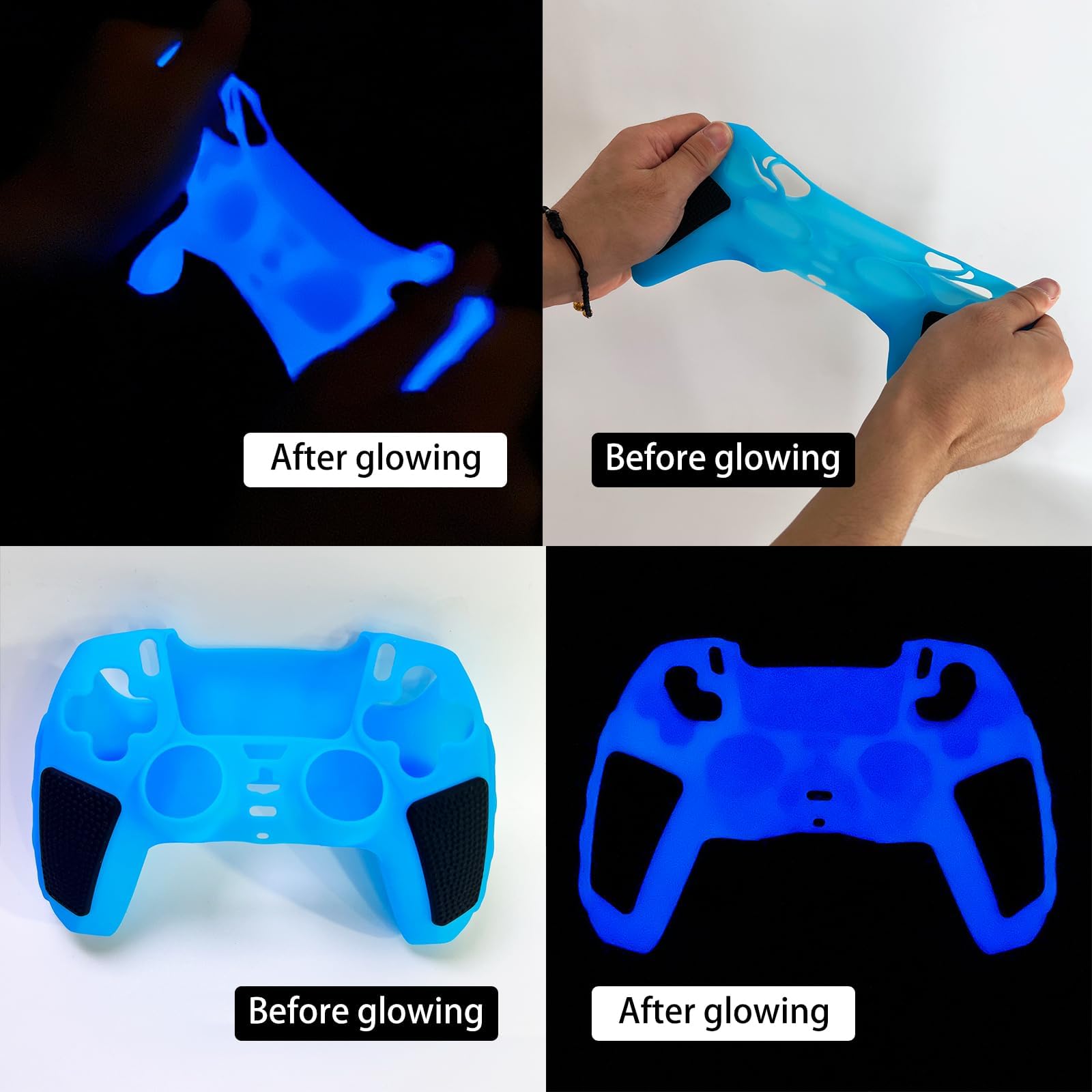 Blu Glow in the dark Cover protettiva antiscivolo compatibile con controller PS5/Slim/Pro, Include 8 pezzi di impugnature per il pollice Glow e 2 tappi per impugnature a zampa di gatto.