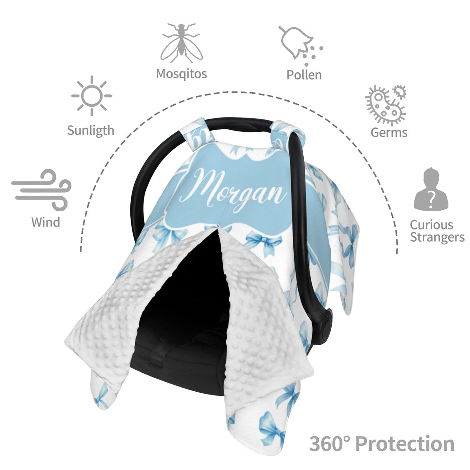 Personalized Baby Girl Car Seat Canopy for Babies, Custom Name Baby Car Seats Cover for Boys Girls, Blue Bow Opening Minky Nursing Breastfeeding Covers for Infant, Carseat Canopies for Newborn