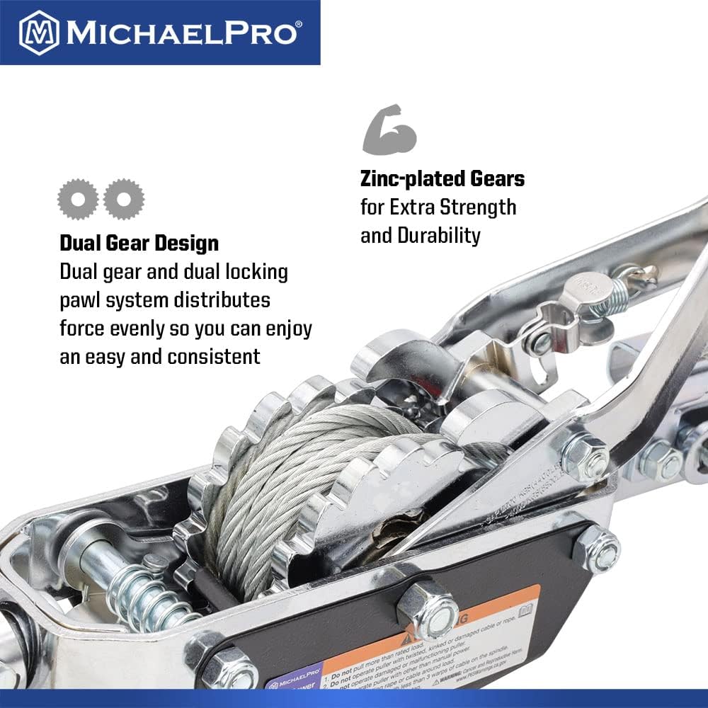 MichaelPro MP009089 4-Ton Power Hand Winch Puller | Double Gear Winch Puller for Automotive, Construction, Farm, Ranch, Fences Uses