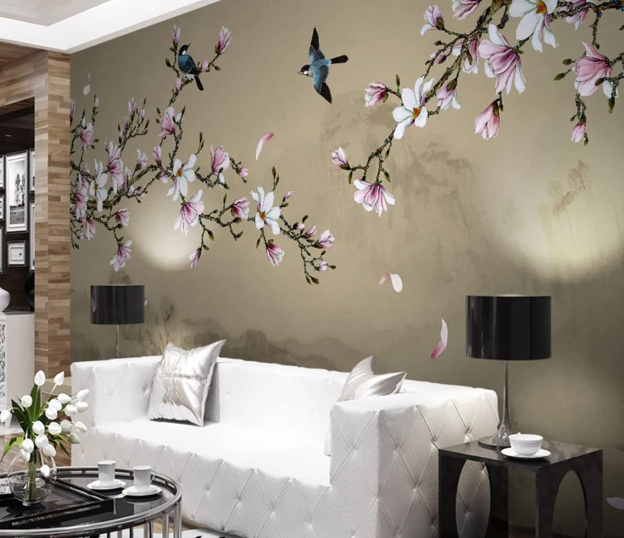 Sakura Flower White and Pink Birds Chinoiserie Peel and Stick Wallpaper 100''H x 150''W