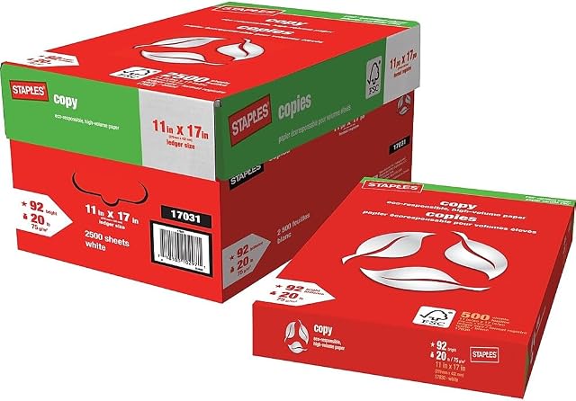 Staples FSC® Certified Copy Paper, 11" x 17", 20 lb, 92 Bright, 2500 Sheets