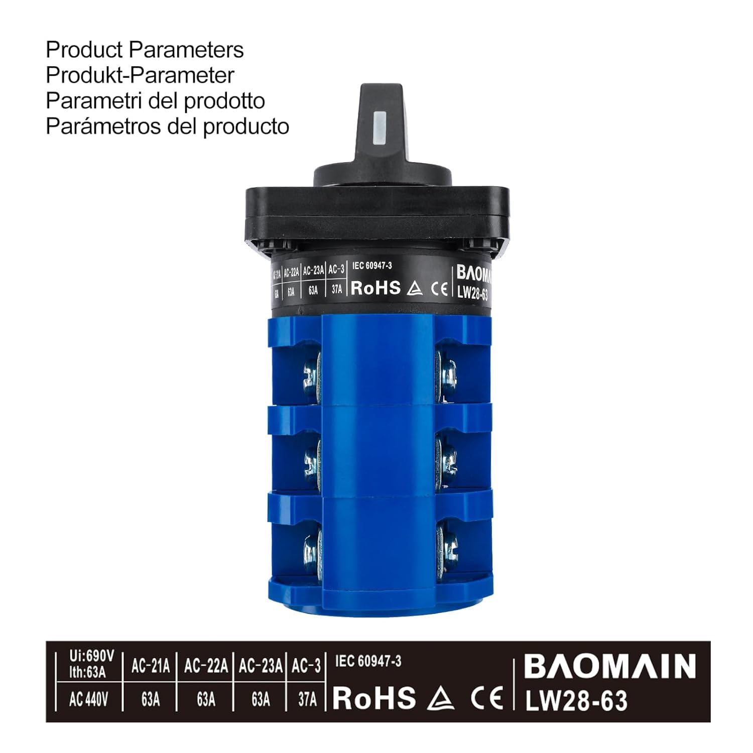 BAOMAIN Interruttore rotativo universale con interruttore principale, alloggiamento esterno, On-Off, 690 V, 63 A, 3 posizioni, 3 fasi, approvazioni CE, IP66, LW28-63/D303.3D