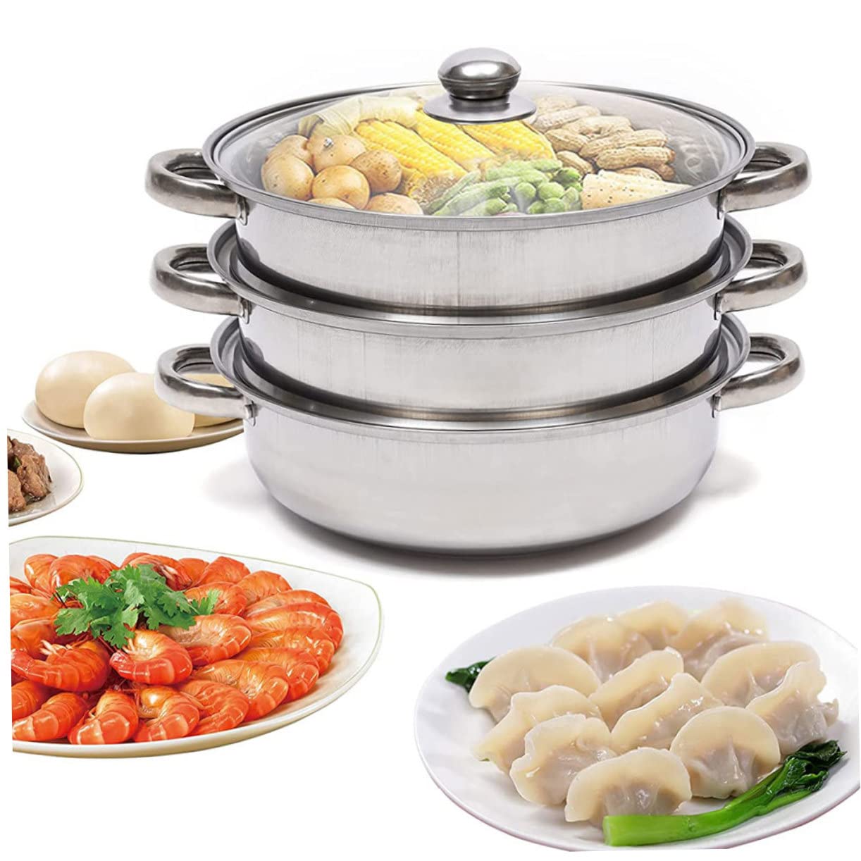 MAGICLULU Edelstahl Dampfgarer 3-lagig 28cm mit Glasdeckel Dampfkorb zum Dünsten von Gemüse und Suppen Mehrschichtiger Dampftopf für Schonendes Kochen im Haushalt