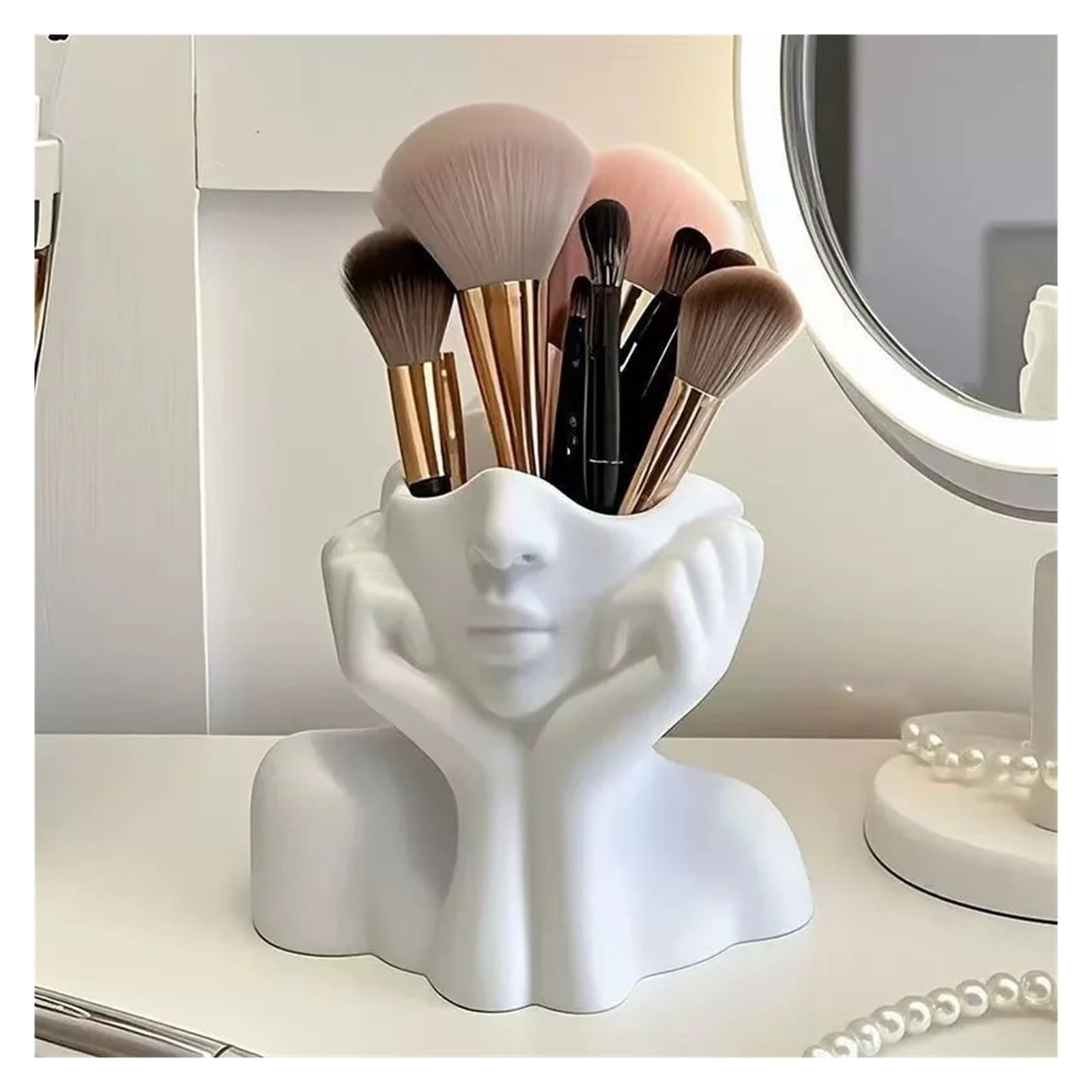 1 porta pennelli da trucco a forma di viso, scatola portaoggetti leggera e portatile per trucco di bellezza, design viso femminile/donna