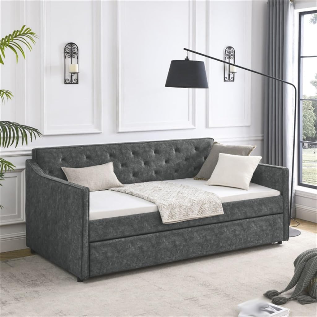Grey 80.5"x44.5"x33.5"Twin Size Daybed W/Twin Size Upholstered Tufted Sofa Bed Foriving Room Furniture