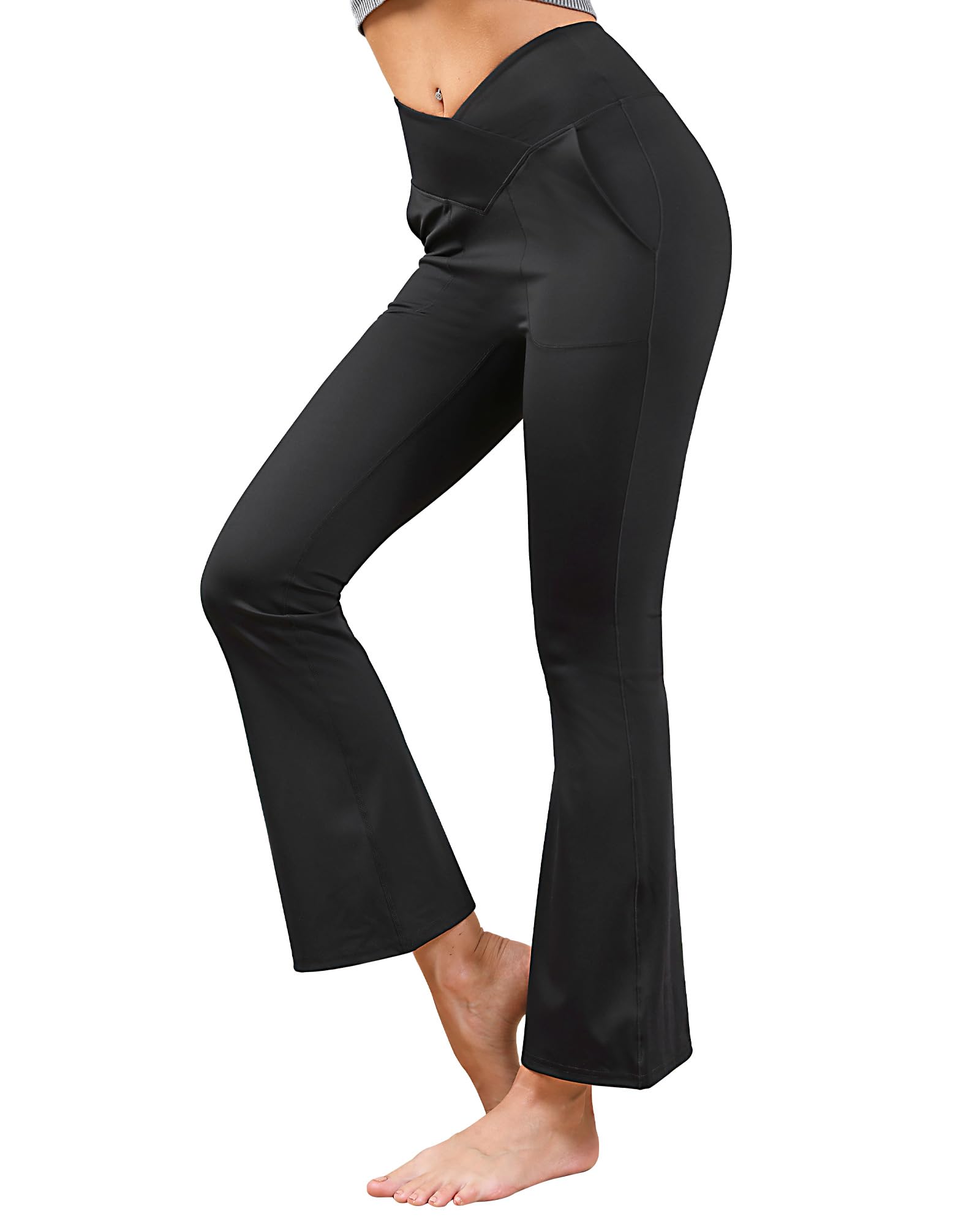 Cross-Waist Flare Yoga Pants for Women with Pockets High Waist Workout Gym Casual Office Business Work Pants Leggings Black S