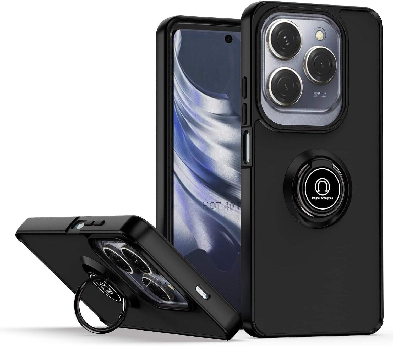 Zubitech Case For Infinix Hot 40 / Hot 40 Pro/Spark 20 Pro Rotational Metal Ring Grip Kickstand Cover Magnetic Car Mount Holder Case Shockproof Anti Fingerprint Case (Black)