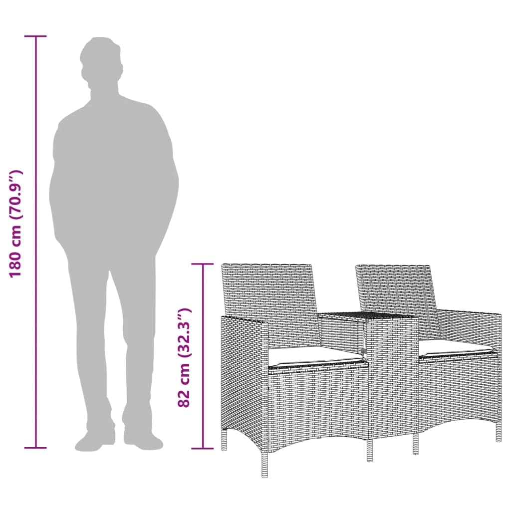 Gartensofa 2-Sitzer mit integriertem Tisch Poly Rattan Gartenbank mit Kissen Lounge-Doppelsofa für Balkon Terrasse und Garten Schwarz 126x59x82 cm