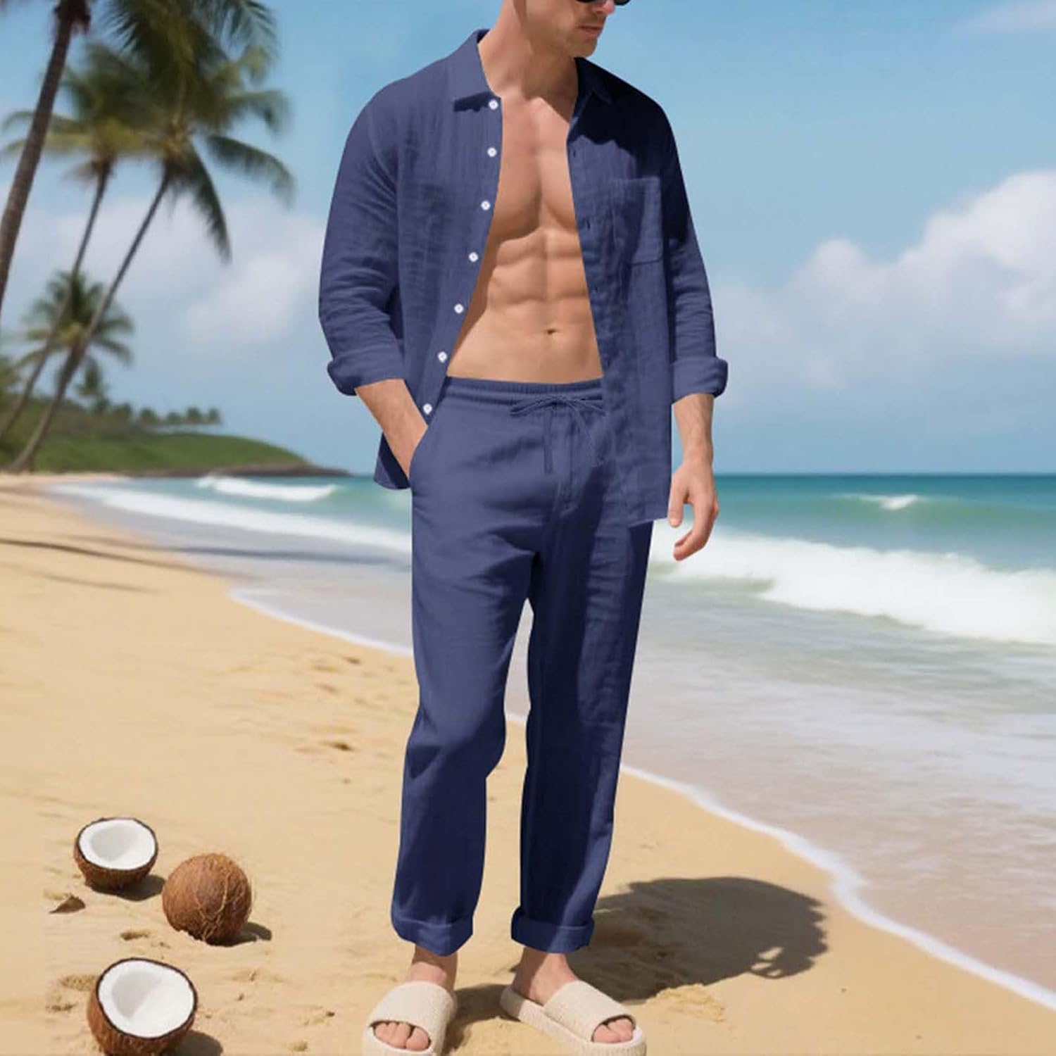 Cambkatl Men's Linen Beach Travel Outfits Long Sleeve Casual Button Down Shirt Matching 2 Piece Tracksuit Sets with Pockets