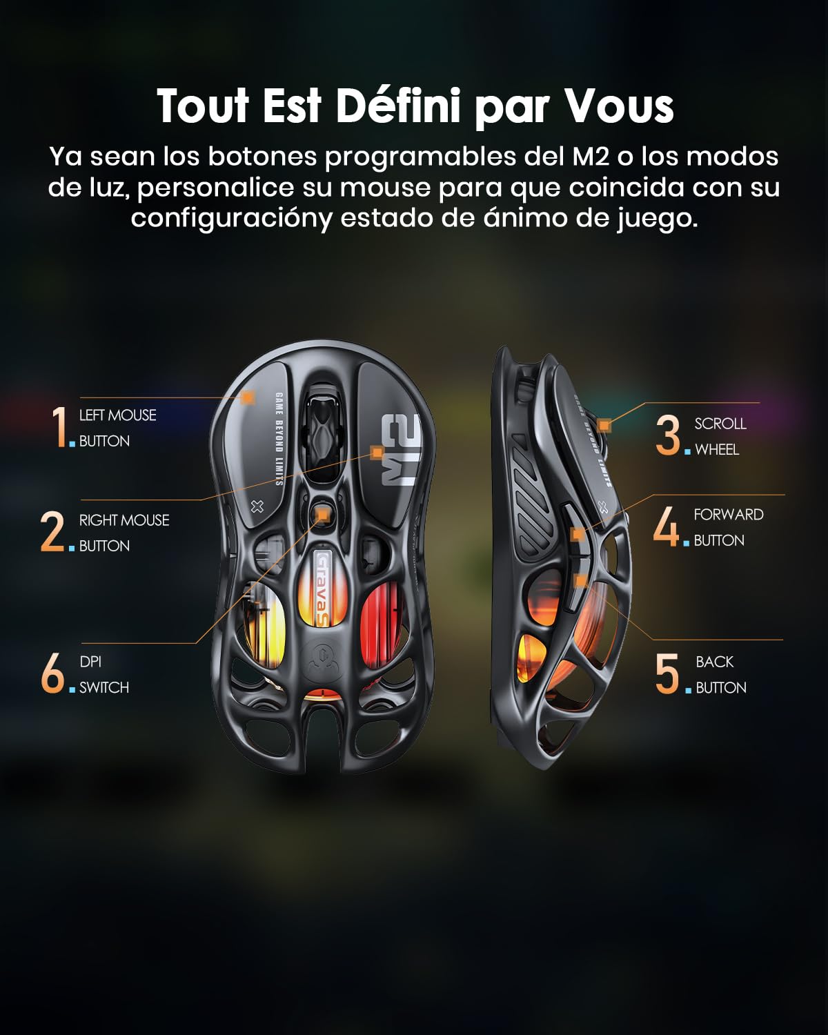 GravaStar Mercury M2 Gaming Mouse - Ratón para Juegos de computadora MMO con Sensor óptico de 26,000 dpi - Diseño Hueco liviano de 78 g - 5 Botones programables - 5 Modos RGB - Negro sigiloso
