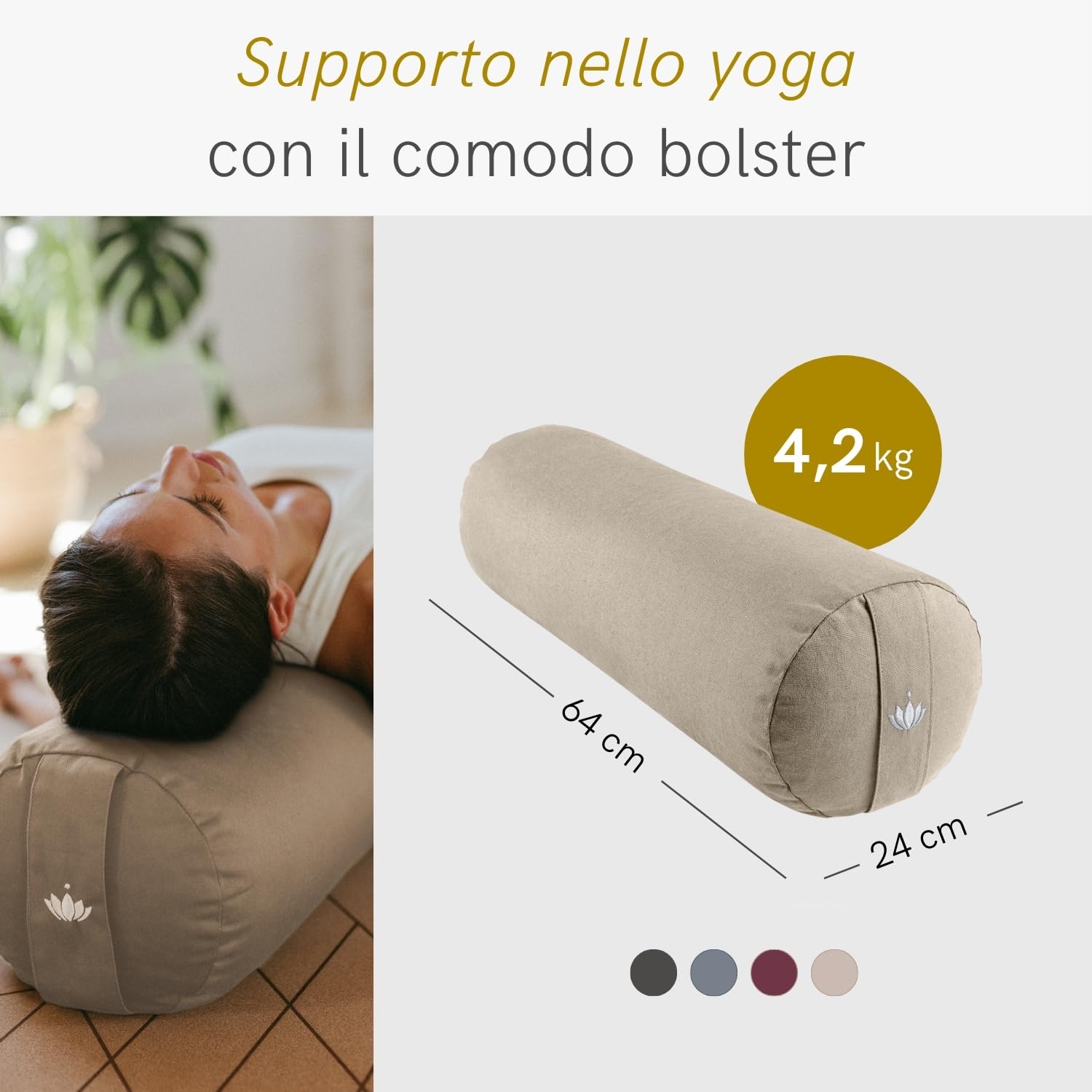 LOTUSCRAFTS Rullo yoga per Yin Yoga, certificato GOTS, rullo con imbottitura in farro, fodera in cotone lavabile, cuscino, cuscino pilates