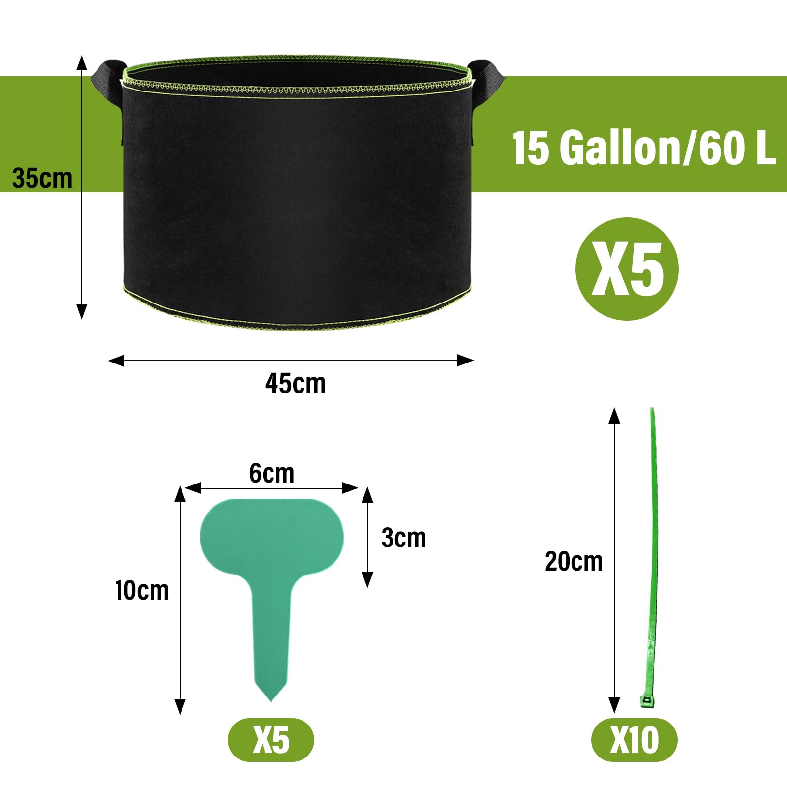 Sac Geotextile BLIENKREBY Sac De Plantation 5 X 12L, Sacs à Plantes Non Tissé Avec Poignées, Sac Pomme De Terre Plantation Réutilisable, Avec 5 Étiquettes Pour Plantes, Fleurs, Fraises Sac De Paillage