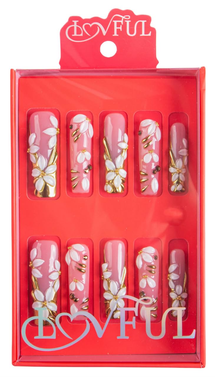 LOVFUL Reusable Press on Nails | Glided Blossom | Salon Quality Sustainable Style Handmade with Full Covered Crystals | Square Mid length 1.7 in | H757-S
