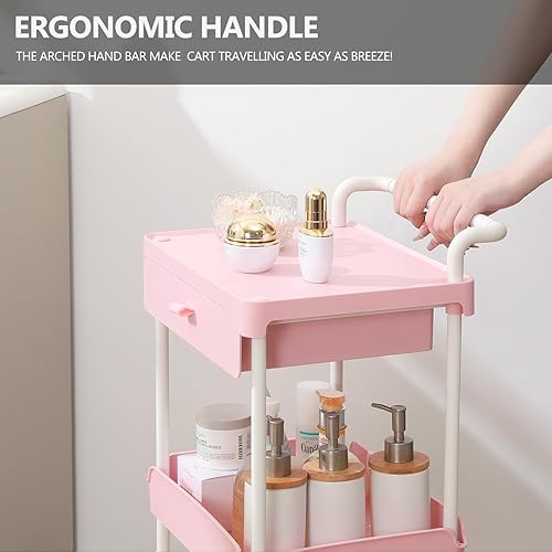 Miniatura 5 de TOOLF Carrito de almacenamiento rodante con cajón, carrito utilitario rodante de 3 niveles con mesa, organizador de carrito rodante para profesores,