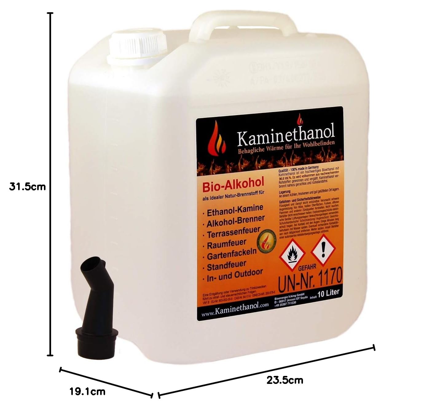 30 L Bioethanol 100% Ethanol 30 Liter Bio Alkohol für Kamin mit Ausgießer in 10 L Kanister