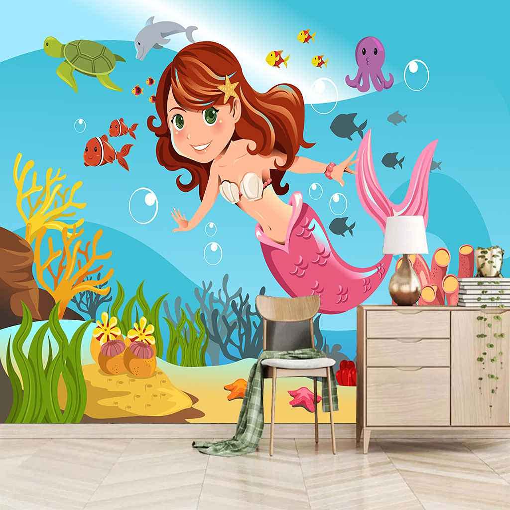 Toile auto-adhésif 3D effet poster géant mural personnalisé sirène rose 200x140 cm