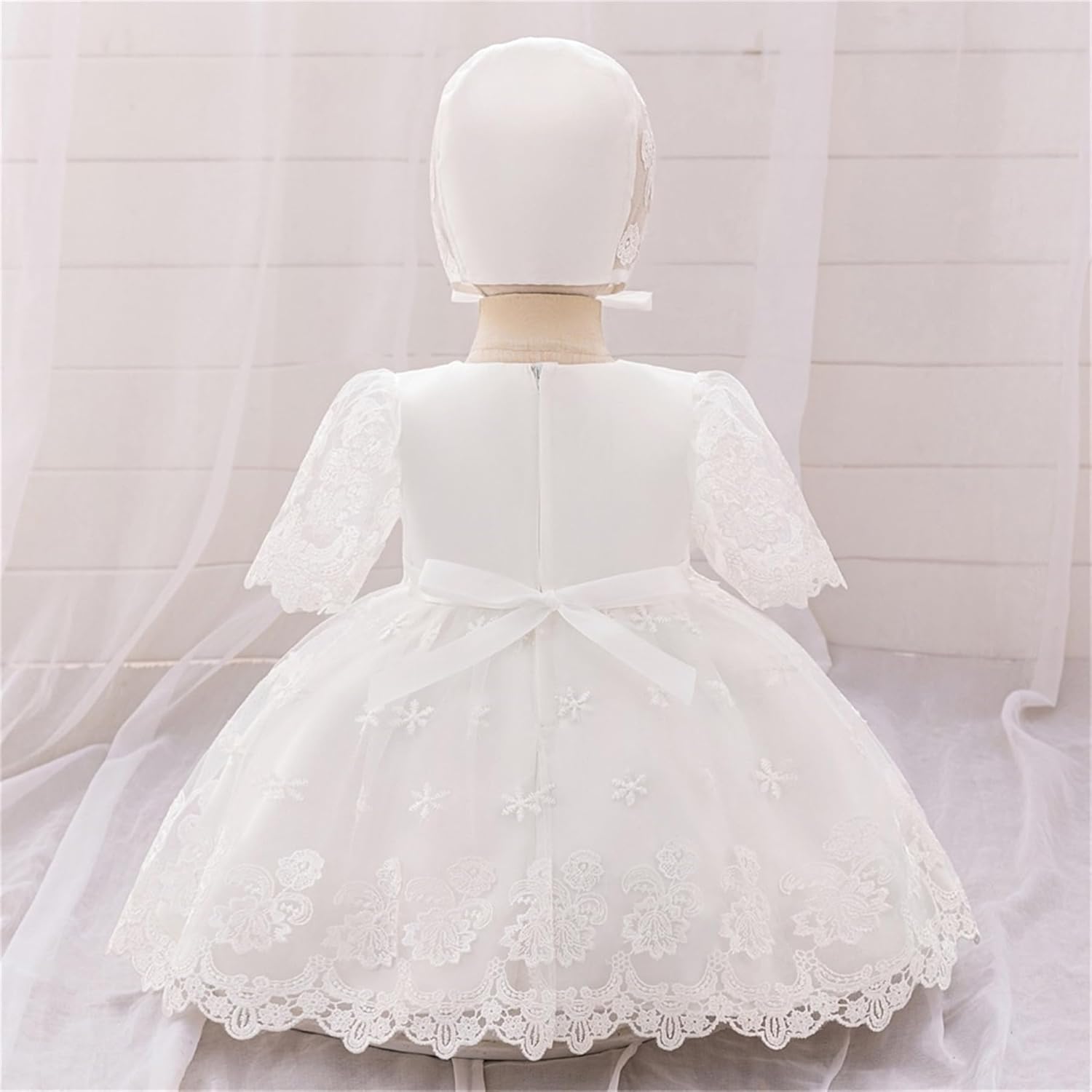 Baby Girl Baptism Outfit Lace Christening Dresses Bowknot Headwear Socks Shoes Cross Charm Bracelet 5Pcs