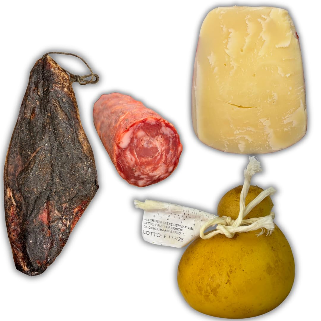 Machegusto! – Guanciale Italien 600g, Salami Napoli 420g, Caciobufala Classique 500g et Caciocavallo Fumé 700g – Coffret Gourmand – Charcuterie Artisanale et Fromages – Planche à Découper Offerte