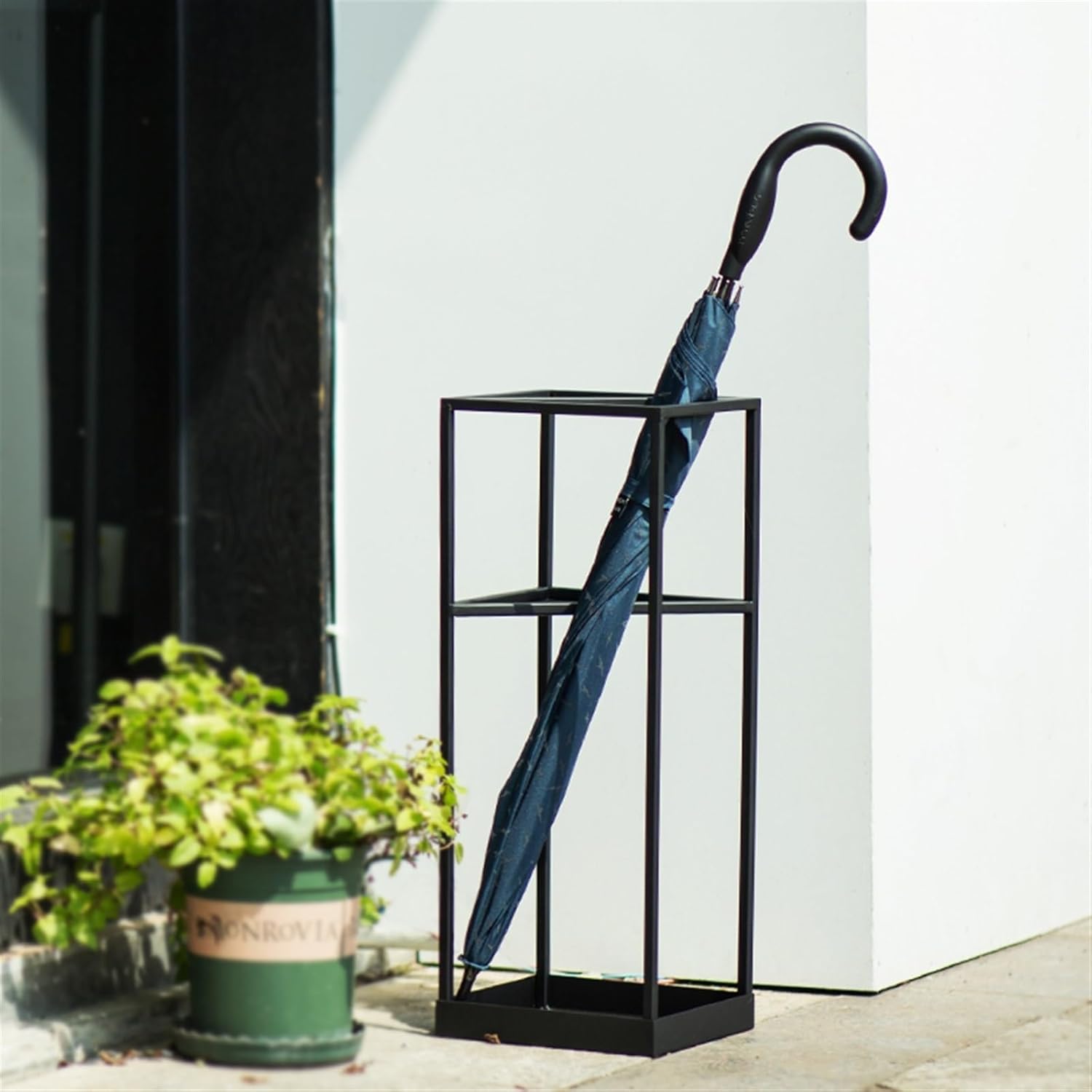Sturdy Metal Square Umbrella Stand with Drip Tray - Versatile Holder for Large Umbrellas, Baseball Bats, Sports Gear & Golf Clubs - Stylish Hollow-Out Design for Home & Outdoor Use