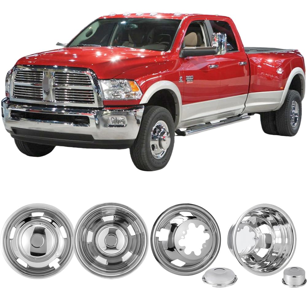 4pcs 17inch Protective Polished Stainless Steel Dually Wheel Simulators Fit for 2003-2018 Dodge Ram 3500 2003-2009 Ram 2500, Bolt On Wheel Cover with Removable Centre Cap Hubcaps 708DR