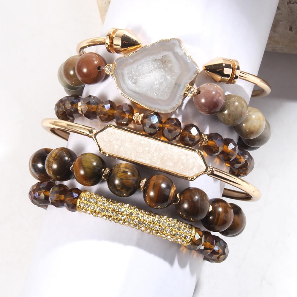 Yomisa 5PCS 6PCS Natural Boho Beaded Bracelets/Bangle for Women Men,Healing Turquoise Jasper Agate Crystal Gemstone Stone Chakra Multilayer Wrap Bohemian Handmade Jewelry Beads Stretch Bracelet Set - Image 2