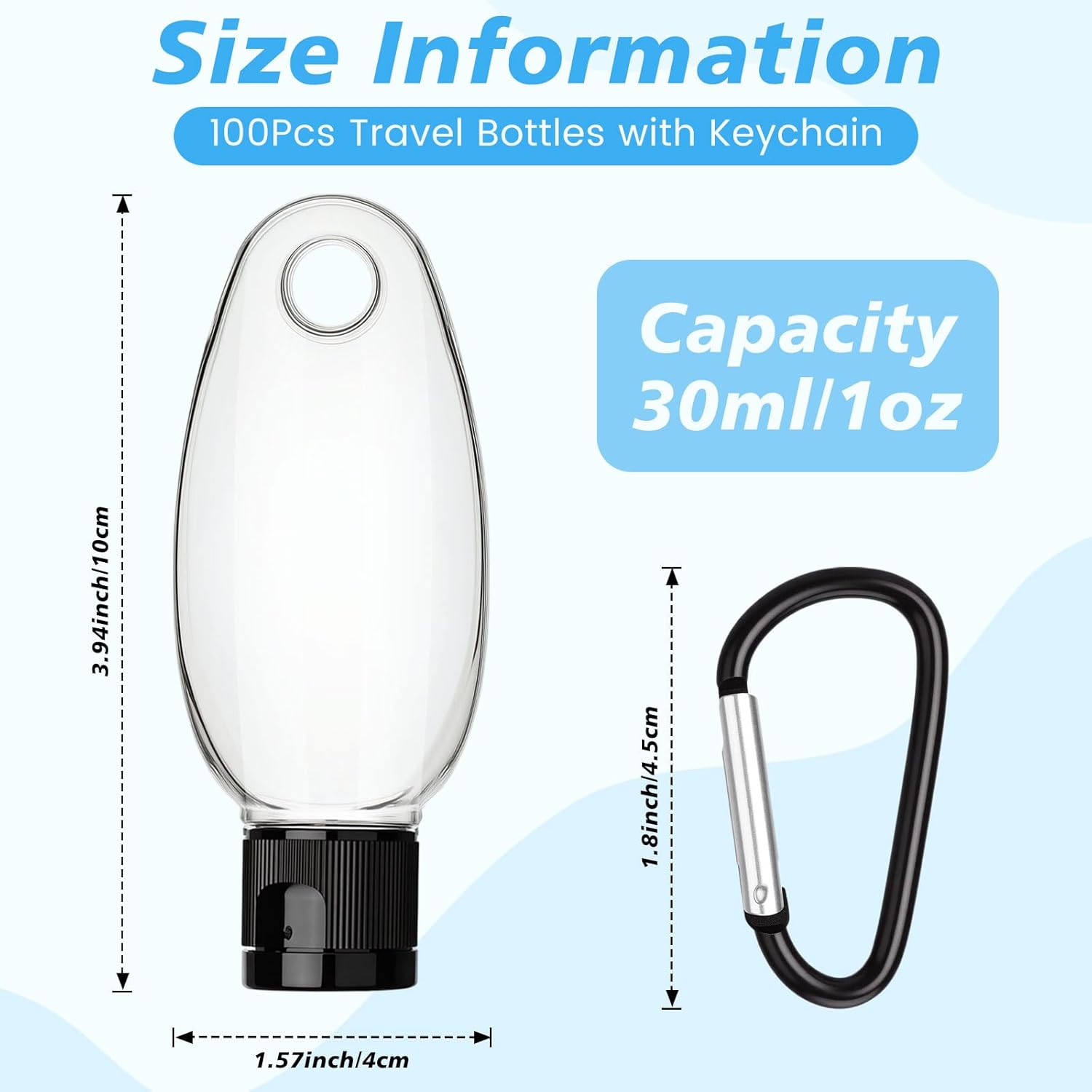 100 Pcs Traveling Bottles with Keychain 1oz Clear Plastic Keychain Bottle Leakproof Refillable Empty Keyring Container Liquid Packing Container Portable Bottle with Lid for Liquid Cream