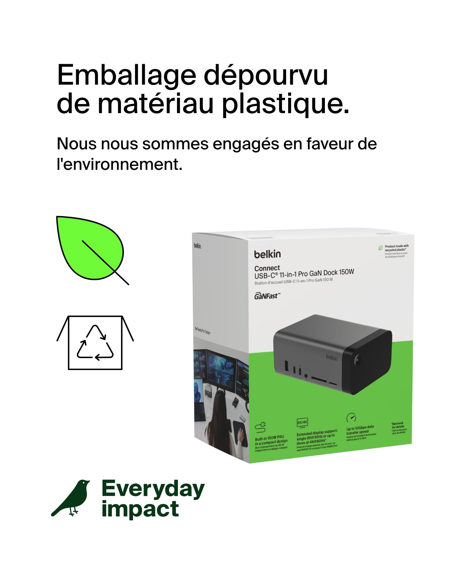 Belkin Hub GaN USB-C 11-en-1 Dock Pro (150 W, Station d'accueil multiport avec Port USB-C, USB-A, Ethernet, SD, Micro SD, 3,5 mm, HDMI 4K, pour Affichage Triple, Compatible avec MacBook Pro, etc.)