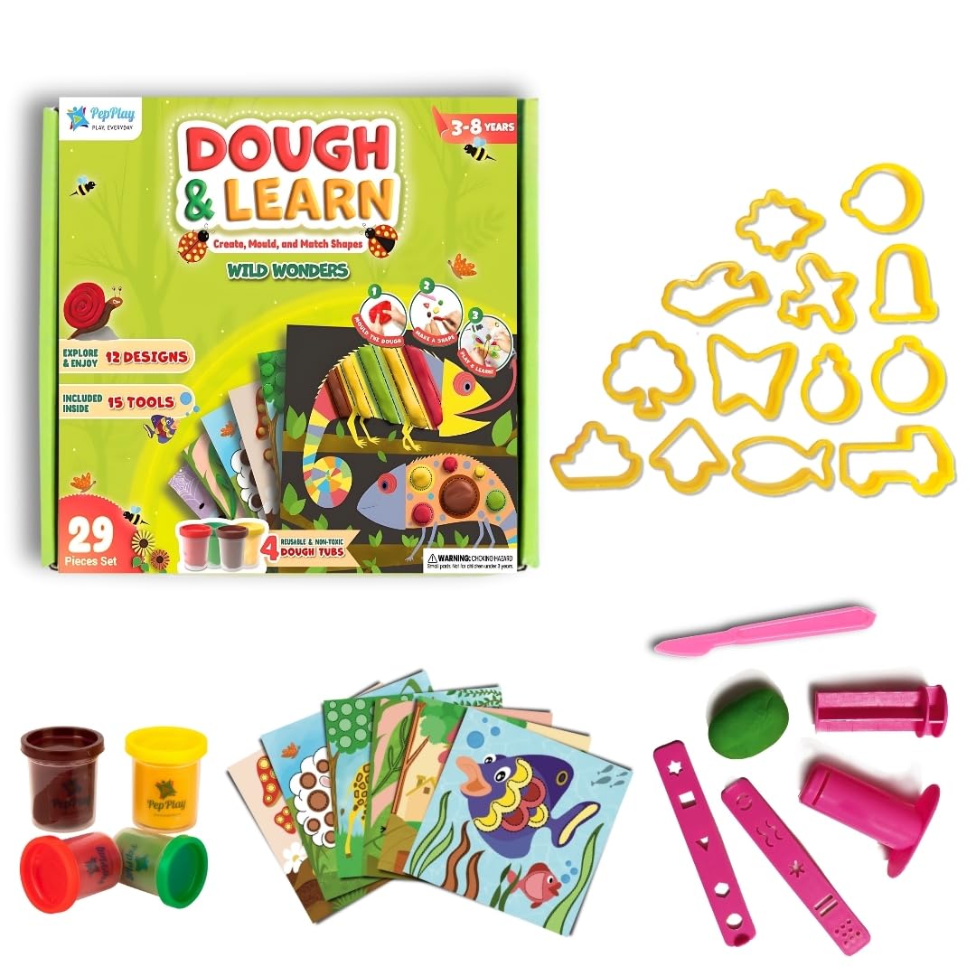 Organic, Taste-Safe Dough Art Kit with 12 Skill Cards, 13 Cutters & extruder Soft 2–3 Years Fun Preschool Learning and fine-Motor Play. Birthday, Return Gifts, Christmas Gift for Kids 3+