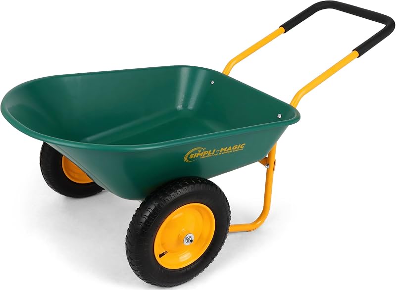 Simpli-Magic Premium Dual-Wheel Home Utility Yard Wheelbarrow Garden Cart w/Built-in Stand for Lawn, Gardening, Grass, Soil, Bricks, and Construction