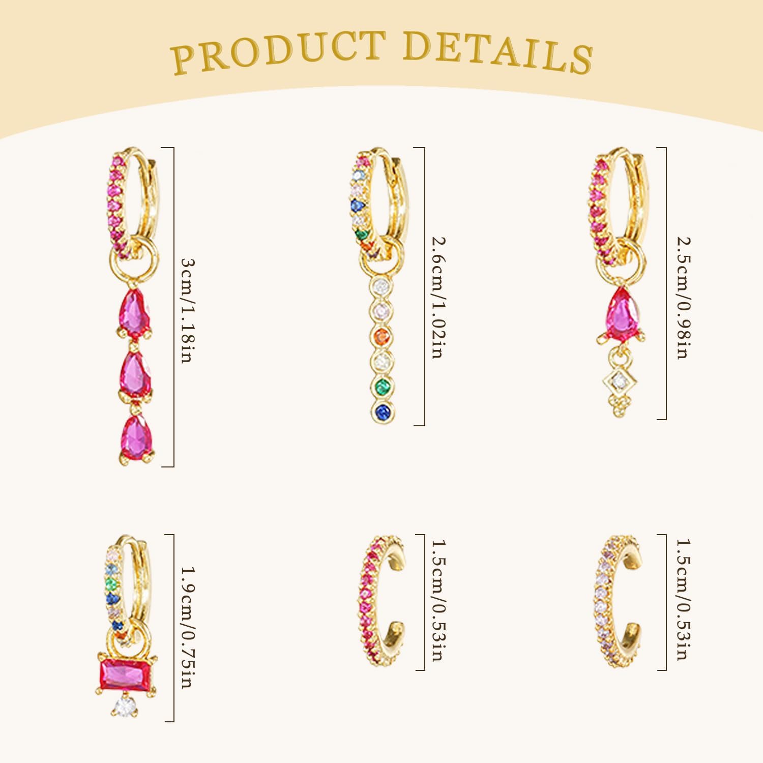6pcs Gold Hoop Earring Stacks For Women Dainty Colorful Cubic Zirconia Huggie Earrings 18k Gold Hoop Earrings Cartilage Stud Earring Sets For Multiple Piercing - Image 7