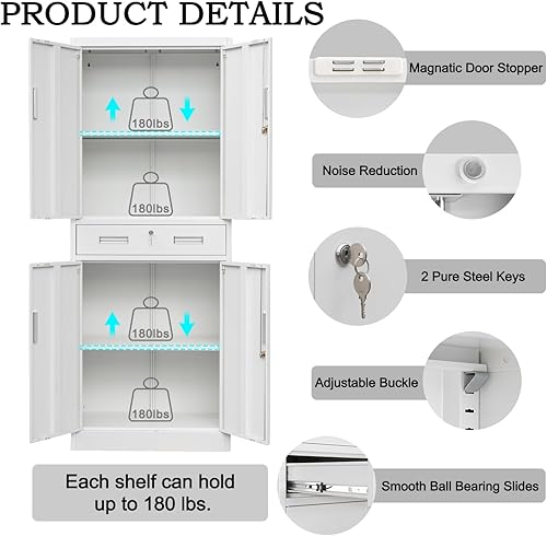 Miniatura 10 de YEEZER Armario de almacenamiento de archivos de metal, con 2 cajones con cerradura, archivador de acero con cerradura de 71 pulgadas de alto con