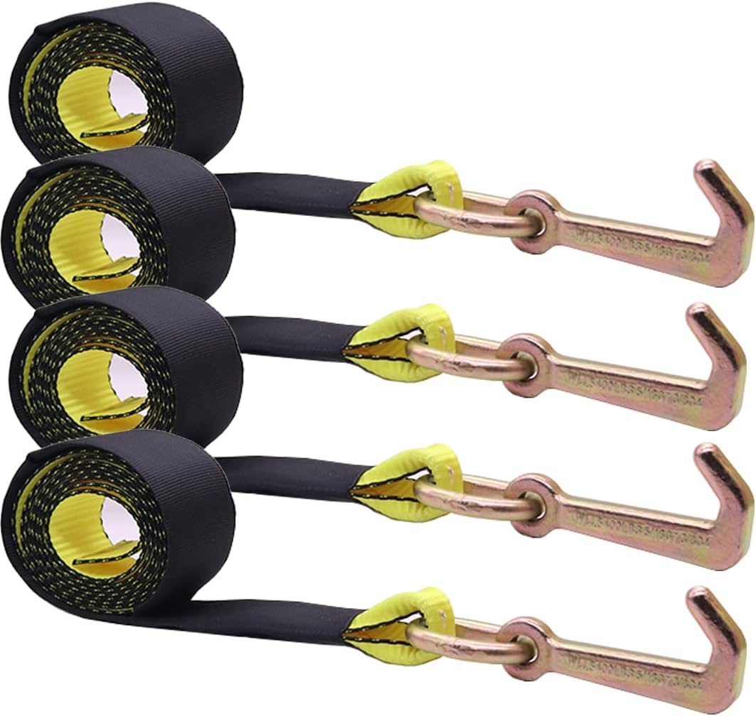 BoxerTool J Hook Winch Strap Tie Down – Towing Recovery 2in x 8ft Straps - 4 Pack