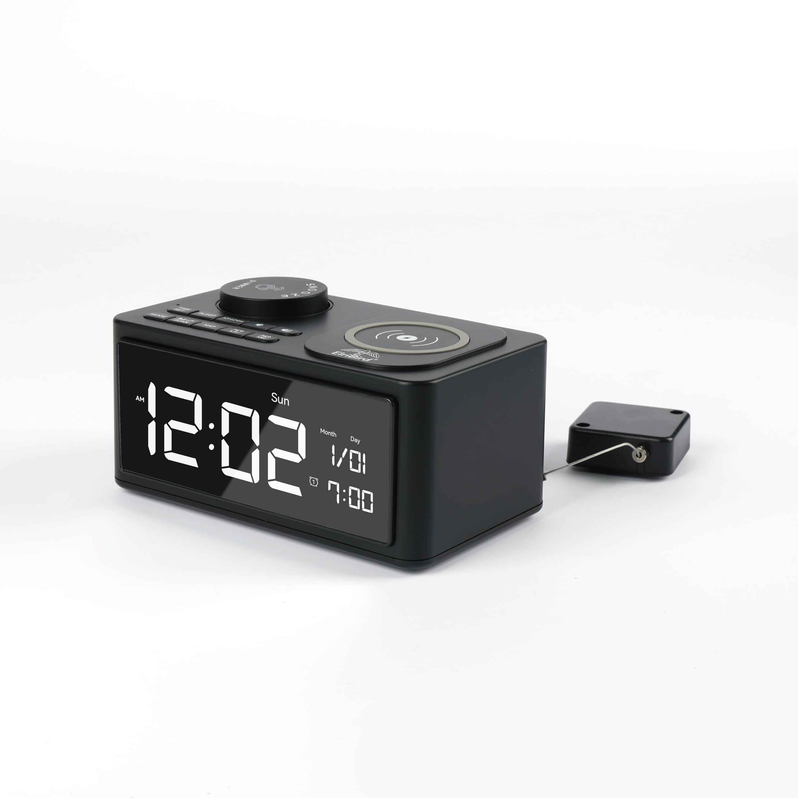 Budzik z bezprzewodową ładowarką, radiem FM, wyświetlaczem LED, ładowarką Qi 10 W, portem USB, głośnikiem Bluetooth, czarny