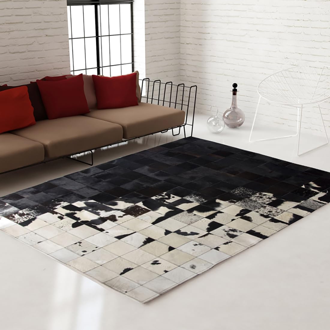 R&RENXIA Tapis Patchwork en Fourrure de Vache Tapis en Peau de Vache véritable Tapis imprimé Vache Premium pour Chambre dortoir Salle à Manger Salon décor Occidental,90×120cm