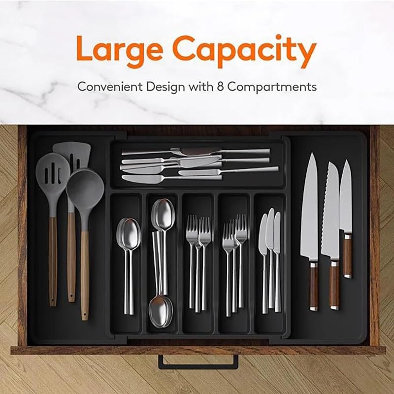 Cubertero Cajon Organizador de cajones for cubiertos expandible, bandeja ajustable for utensilios cocina, divisor almacenamiento con compartimentos(Grey)