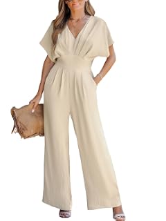 CUPSHE - Monos de una pieza para mujer, casuales de verano, cuello en V, mangas estilo murciélago, pierna ancha, elegantes, sexys, trajes de vacaciones | Summer V Neck Batwing Sleeve, Sexy Cozy Vacation Outfits with Pockets, Work Business Rompers Dressy Casual Going Out