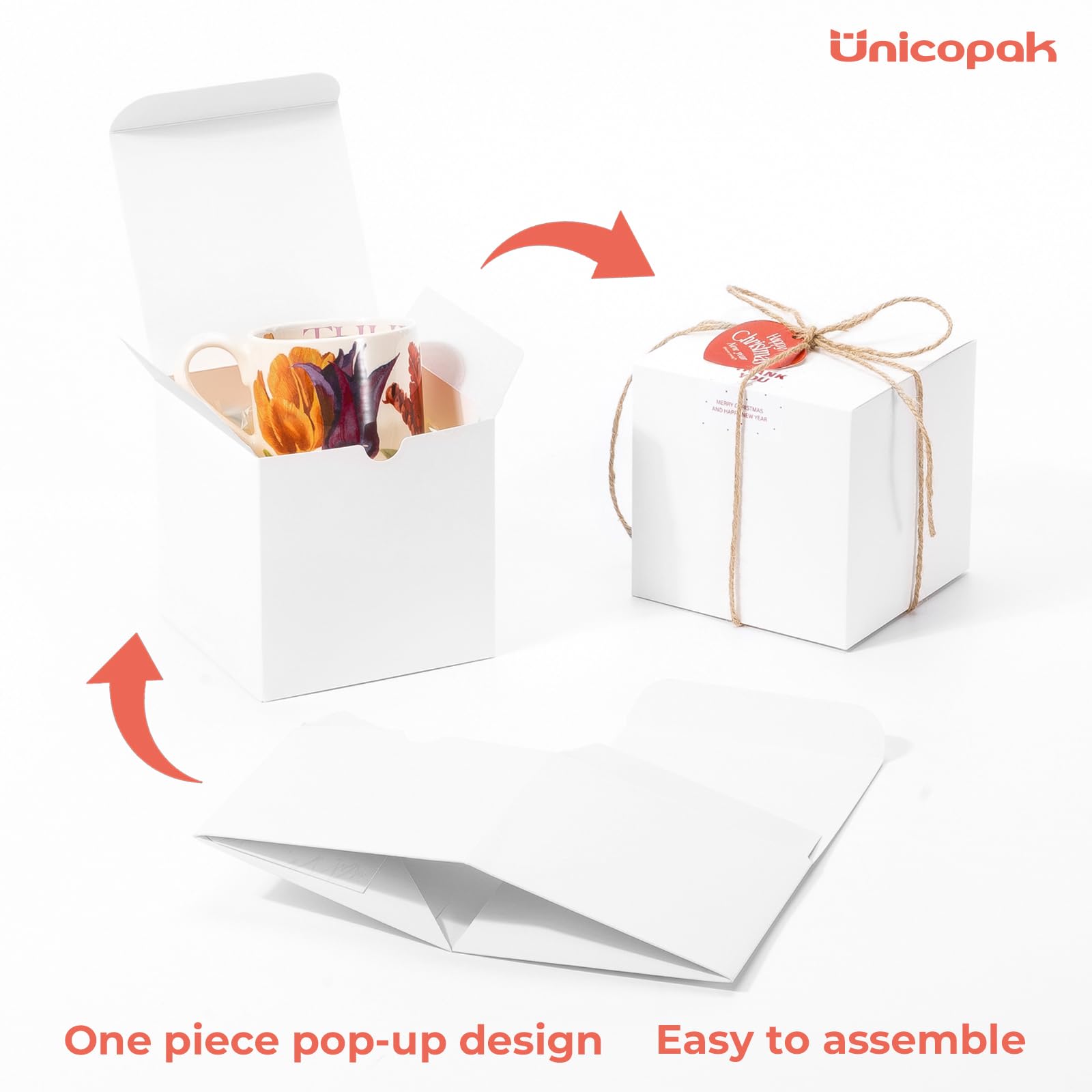 UnicoPak 10 Pack 5x5x5 Gift Boxes, Sturdy Small White Gift Boxes for Presents, Ornaments, Candles, Mugs, Easy Pop-up Assembly, Ideal for Birthday Christmas Party Business