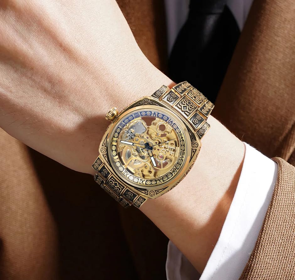 Men's Automatic Watches High-end Vintage Skeleton Self Winding Analog Square Wristwatch with Stainless Steel Bracelet - Image 3