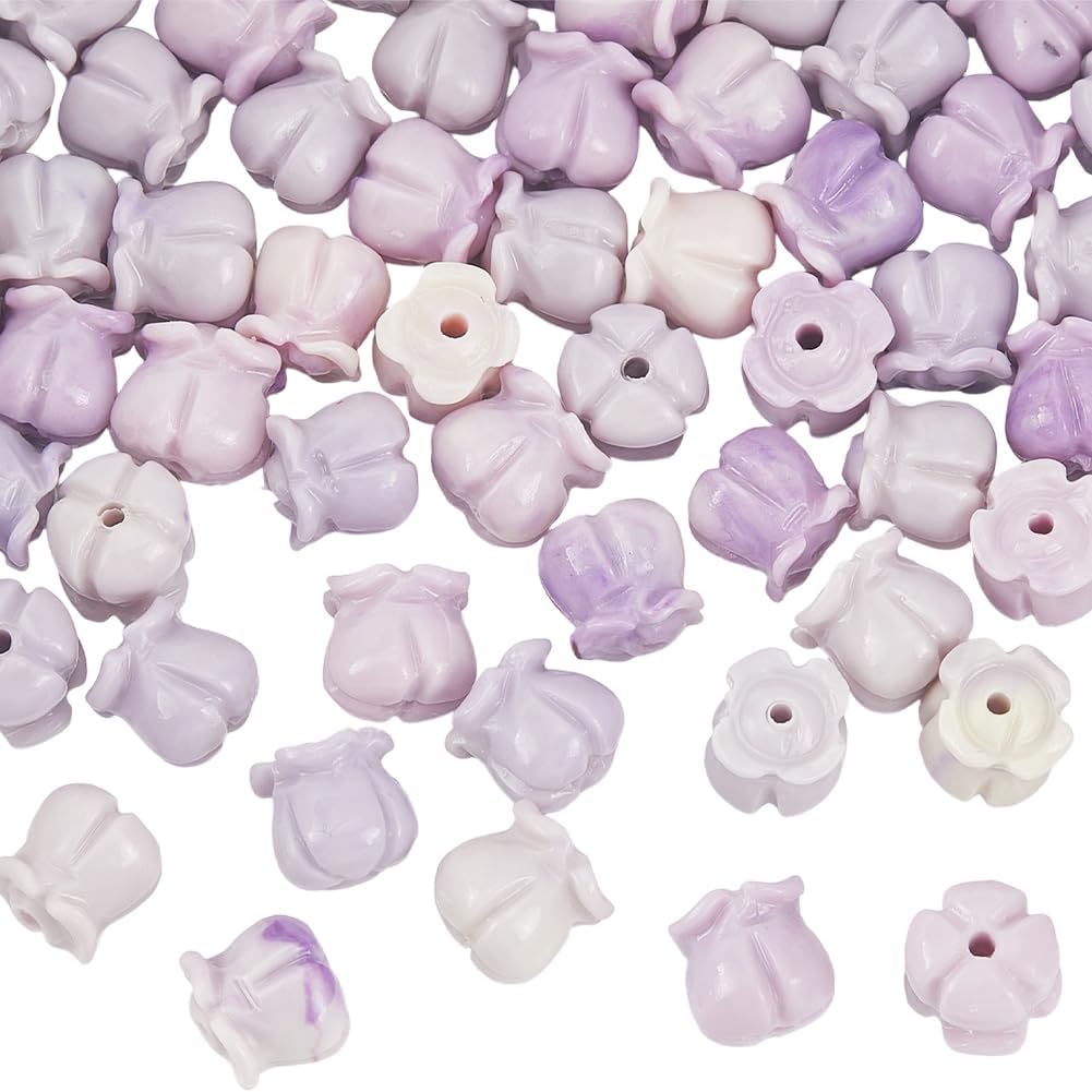 1 Box 2 Strands 90PCS Tulip Flower Beads with Hole Synthetic Coral 3D Purple White Dyed Carved Stone Bell Floral Spacer Bead for Jewelry Making Beading Bracelet Valentines Diy Crafts Supply - Image 7
