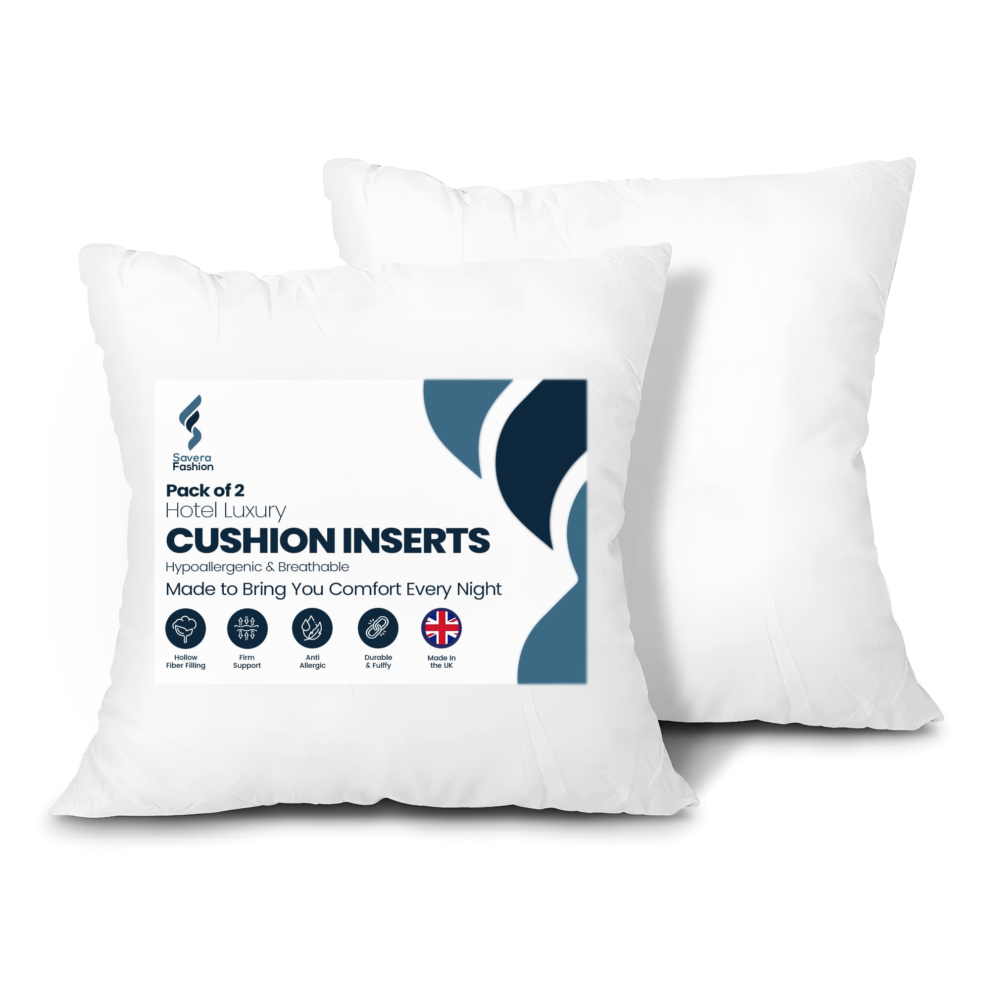 Savera Fashion Cushion Inserts 2 Pack – 45x45 cm Premium Plump Cushion Pads – Soft Hollowfibre Inner Cushions for Sofa Bed Chair – Hypoallergenic & Machine Washable Cushion Inners