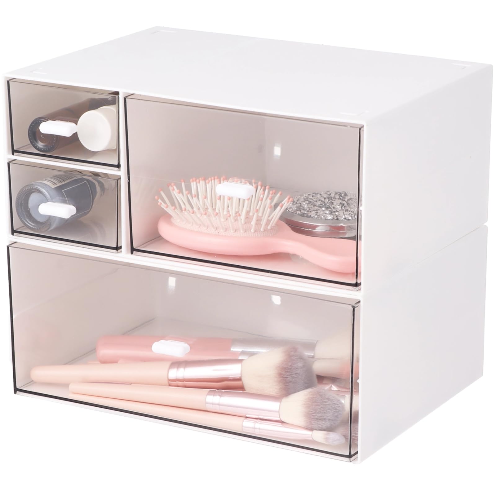 Calolin Stackable Acrylic Storage Drawers Set, 8.86 x 6.54 x 3.94 in Desktop Stackable Storage, White & Clear Makeup Organizer for Vanity, Single & 3-Grid Drawers, Space-Saving Design