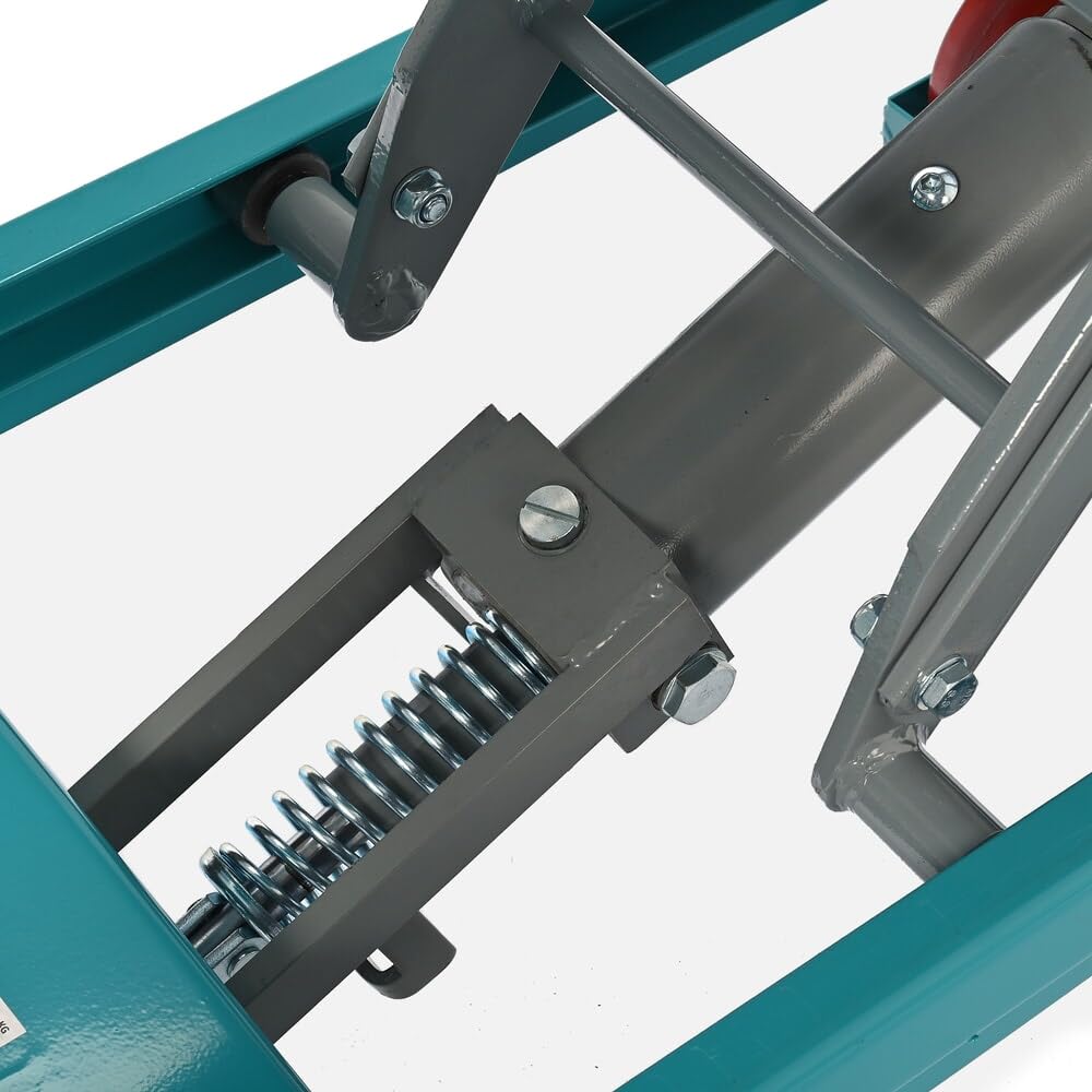 Ameise Scheren-Hubtischwagen LTT | 285-880 mm Hubbereich | 500 kg Tragkraft | 850x500 mm Plattform | Fahrbarer Hubtisch mit festem Bügel | Fußbetriebene Hydraulikpumpe | Stahl | Türkisblau